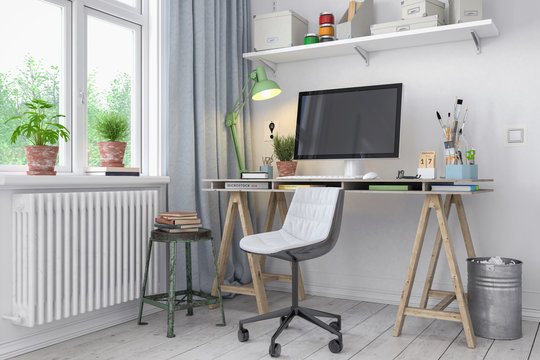Skandinavisches, nordisches Arbeitszimmer mit einem Schreibtisch - Home Office - Büro - Heimarbeit