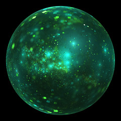 Fantastic world. Abstract glass sphere with glowing green sparkles. Fantasy fractal design. Psychedelic digital art. 3D rendering.