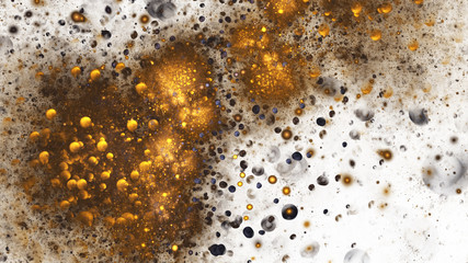 Abstract grey and golden drops. Digital fractal art. 3D rendering.