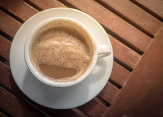 Mocha hot coffee in white cup.