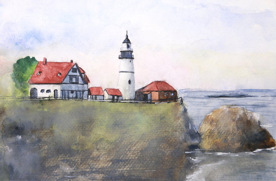 watercolor landscape lighthouse on sunset