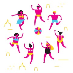 Fototapeta na wymiar Men and women in bathing suits play beach volleyball. Trendy abstract flat illustration for advertising seasonal and tourist recreation. CMYK. Vector
