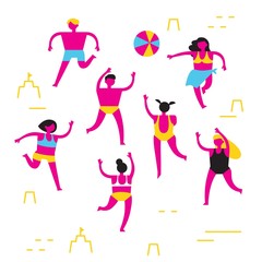 Men and women in bathing suits play beach volleyball. Trendy abstract flat illustration for advertising seasonal and tourist recreation. CMYK. Vector