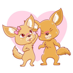 Cute couple of fennec foxes falling in love isolated on white background.