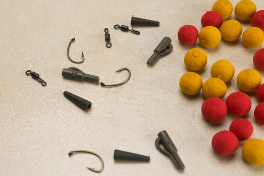 Baits, hooks , ledcor, prepare tackle tackle for carp fishing. Copy paste