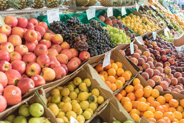 Fototapeta na wymiar Assortment of Fruits sold at Mercado da Graca in Ponta Delgada on the island of Sao Miguel, Portugal