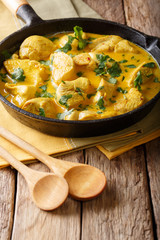 Spicy coconut chicken in a gentle cream sauce close-up. vertical