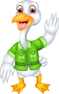 cute geese cartoon standing with smile and waving