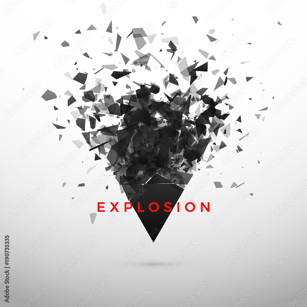 Wall mural shatter and destruction dark triangle. abstract cloud of pieces and fragments after explosion. vecto