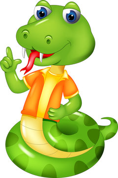 funny snake cartoon standing with smile and pointing