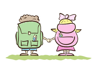 Hand drawn Schoolboy and schoolgirl with bags isolated on the white background. View from the back. Line design.