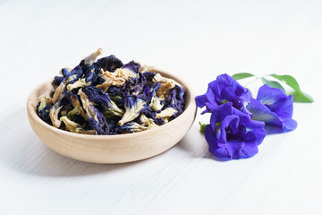 fresh butterfly pea flowers and dried