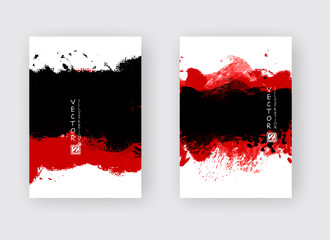 Banners with abstract black red ink wash painting in East Asian style.