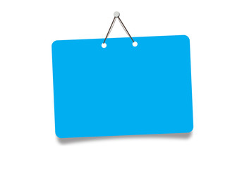 blue sign hanging on white background