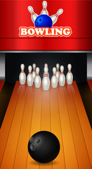 Bowling game with bowling lane ten pins and ball realistic vector illustration