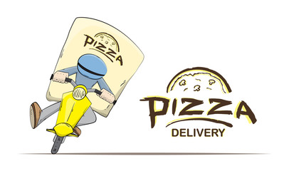 Scene with Isolated courier on scooter and lettering on white background. Cartoon pizza delivery.