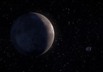 Artwork of Makemake dwarf planet and his small moon MK2 in the Kuiper belt