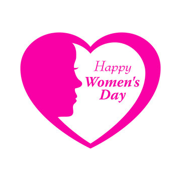 Icono plano Happy Women s Day y corazon con cabeza mujer en fondo blanco