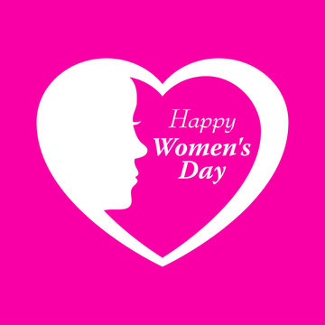 Icono plano Happy Women s Day y corazon con cabeza mujer en fondo rosa