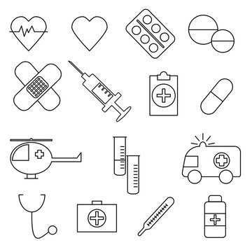 medical icons set on white background. Line medical icons ambulanse, heart, heart beat, thermometer,