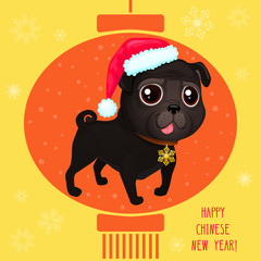 Greeting card for Сhinese New year with a cute black pug. Color illustrations with catoon dog in Santa's hat. Background with Chinese lantern and snowflakes.