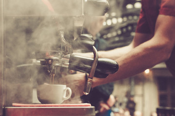 Coffee Preparation by Barista in the Cafe - obrazy, fototapety, plakaty
