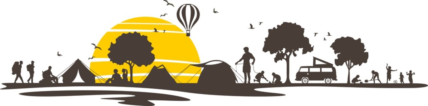 camping scene silhouette with yellow sun and birds clip art preview