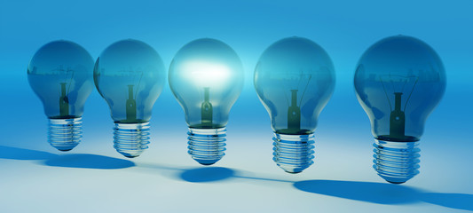 Bright lightbulbs lined up 3D rendering