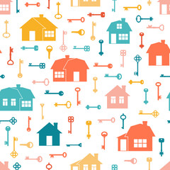 Seamless pattern with keys and houses on a white background.