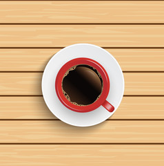 Realistic top view red coffee cup on wooden table.