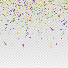 Mardi Gras carnival confetti seamless background. Traditional colors yellow, purple, green. Stock vector illustration