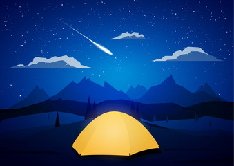 Night Mountains landscape with tents camp and meteor.