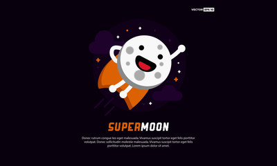 Super Moon Cartoon Flying Superhero With Cape in Flat Style Design