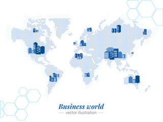 Fototapeta premium Business world. Monochrome Bitmap of world map. People around the world communicate even day and night. Vector template for website, design, cover, annual reports.