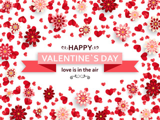 Happy Valentine Day background. Good design template for banner, greeting card, flyer. Paper art flowers and hearts. Vector illustration.
