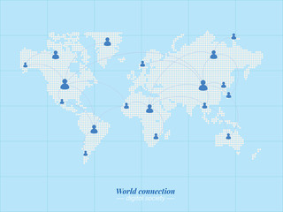 Digital world. Blue Bitmap of world connected together with network. People around the world communicate even day and night. Vector template for website, design, cover, annual reports.