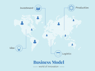 World Business Model. Idea, investment, production, logistic and consumer from around the world all showed on Bitmap of world. Vector template for website, design, cover, annual reports.