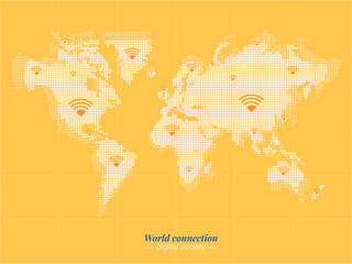 Digital world. Blue Bitmap of world connected together with network. People around the world communicate even day and night. Vector template for website, design, cover, annual reports.
