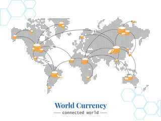 World Currency. Bitmap of world connected with many types of coin. People around the world exchanges money all the time. Vector template for website, design, cover, annual reports.