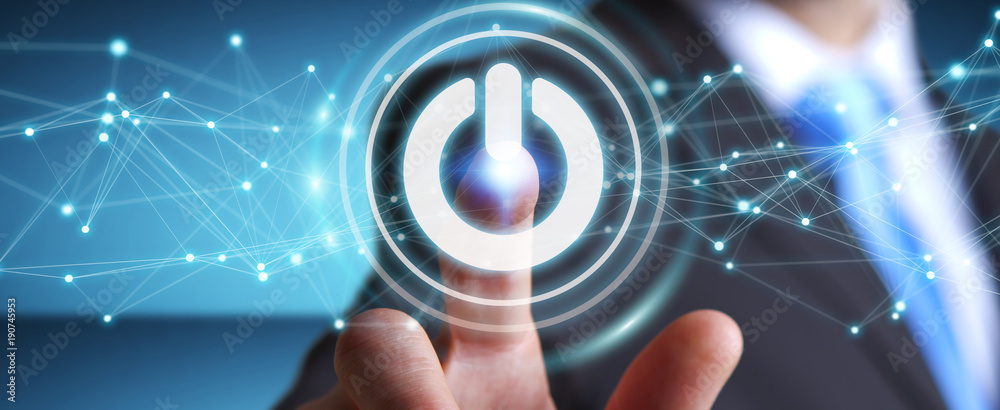 Aufkleber Businessman using 3D render power button with connections