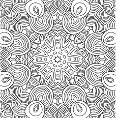 Black and white abstract pattern with leaves and flowers. Doodle. Hand drawn zentagles. Coloring book. Mandala. 