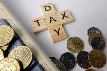 TAX DAY CONCEPT: Wooden letter of TAX DAY arranged with coins on white background.