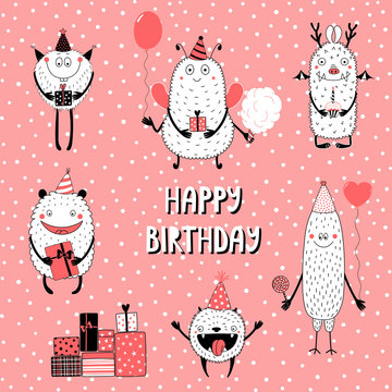 Collection of hand drawn cute funny cartoon monsters in party hats, with presents, balloons, typography. Isolated objects. Vector illustration. Design concept for children, birthday celebration. © Maria Skrigan
