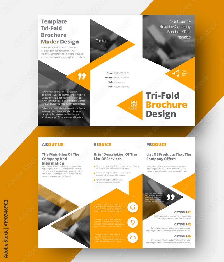 Aufkleber Design a white vector tri-fold brochure with yellow triangles for headlines and photos. Universal abstract template of a folding flyer.