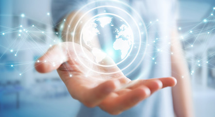 Businessman using planet earth network sphere 3D rendering