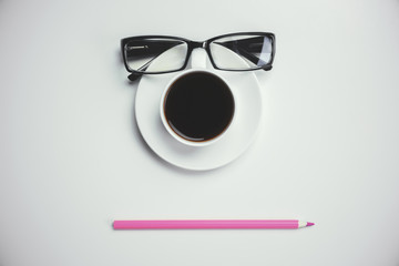 Coffee, pencil and glasses