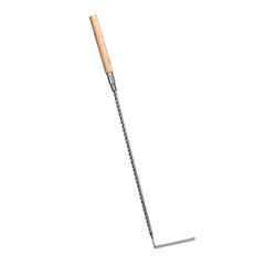 Twisted straight steel poker with frosted gloss for fireplace with wooden handle isolated on white background