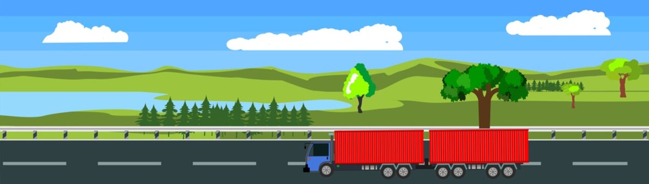 Flat horizontal banner illustration of nature landscape, road with truck,