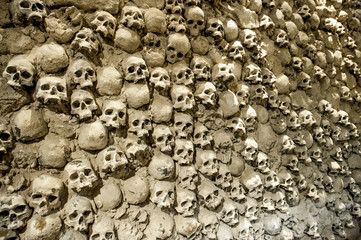 wall of skulls in church ossuary
