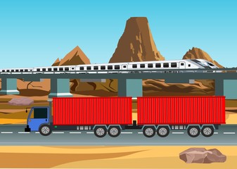 Fototapeta premium The truck on the highway, and the train above, desert landscape on the backgound, vector.